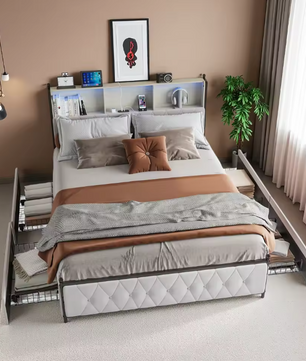 Houten Aura 140x200 cm Gestoffeerd Tweepersoonsbed met LED-hoofdeinde, USB, en 4 Lades – Functioneel en Ruimtelijk Bed