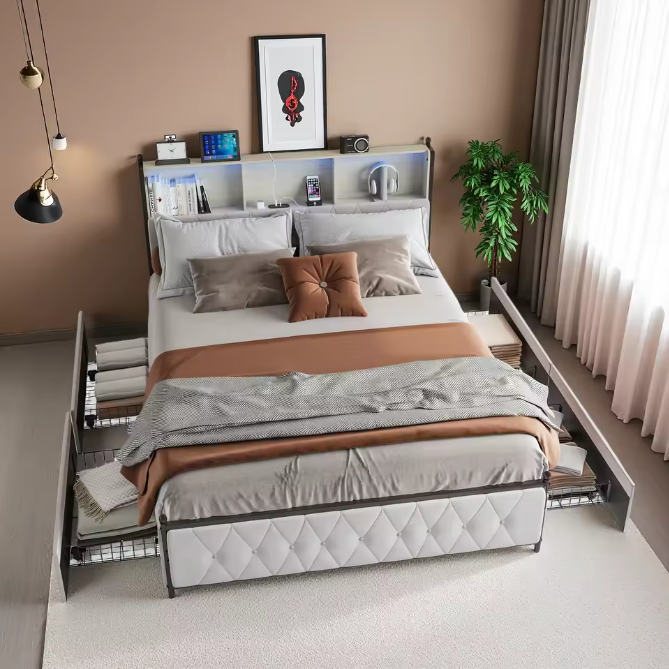 Houten Aura 140x200 cm Gestoffeerd Tweepersoonsbed met LED-hoofdeinde, USB, en 4 Lades – Functioneel en Ruimtelijk Bed