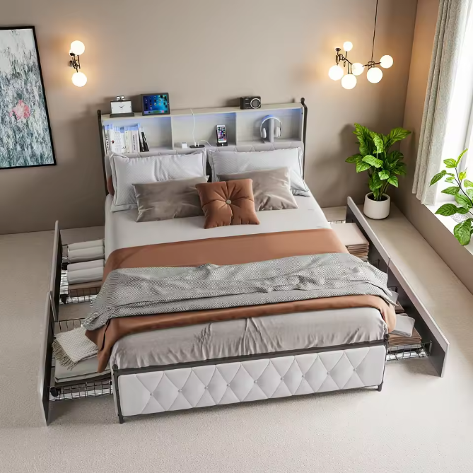 Houten Aura 140x200 cm Gestoffeerd Tweepersoonsbed met LED-hoofdeinde, USB, en 4 Lades – Functioneel en Ruimtelijk Bed