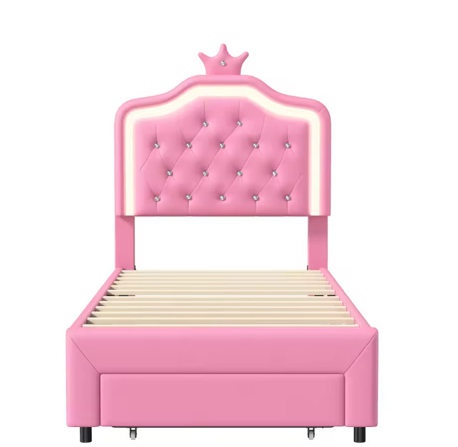 Kinderbed met LED-Verlichting, Lade en Opbergruimte – PU Bekleding