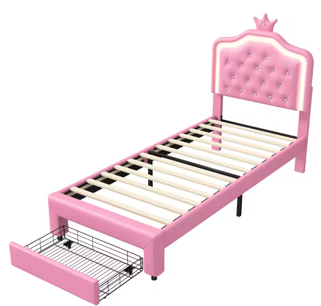 Kinderbed met LED-Verlichting, Lade en Opbergruimte – PU Bekleding