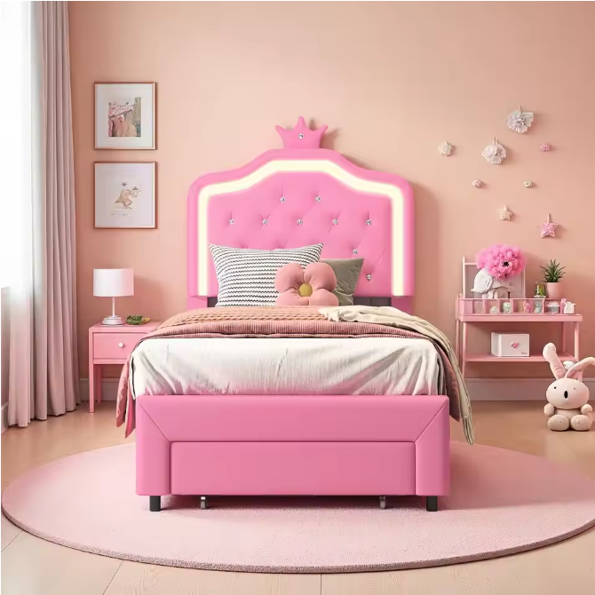 Kinderbed met LED-Verlichting, Lade en Opbergruimte – PU Bekleding