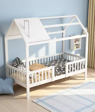 Kinderbed 90x200 cm – Houten Cottage Bed met Lattenbodem en Barrière