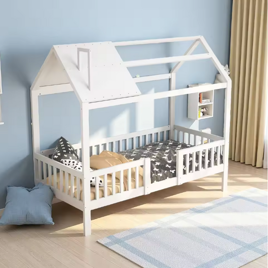 Kinderbed 90x200 cm – Houten Cottage Bed met Lattenbodem en Barrière
