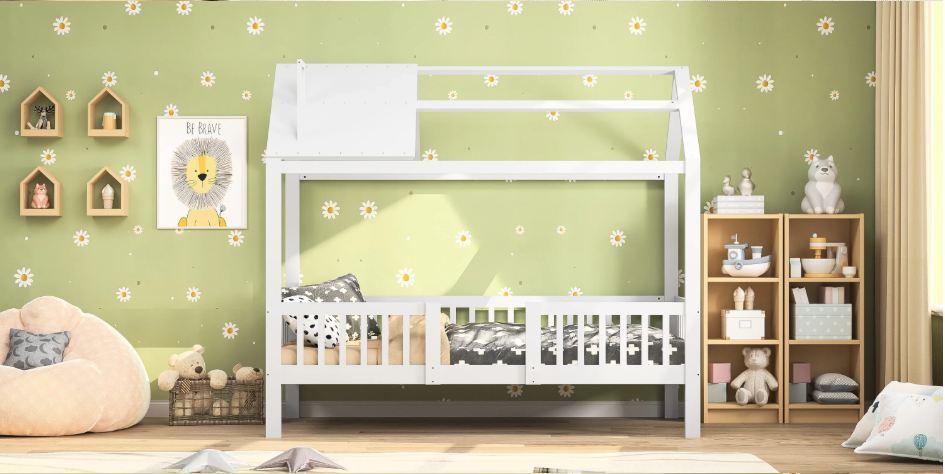 Kinderbed 90x200 cm – Houten Cottage Bed met Lattenbodem en Barrière