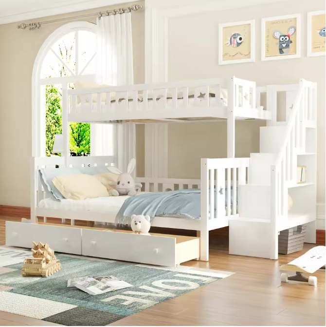 90x Kinderstapelbed met Lattenbodem en Opbergruimte – Wit