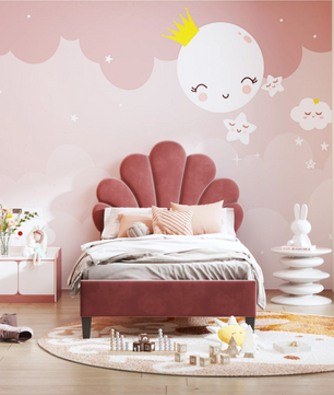 Kinderbed 90x200 cm – Gestoffeerd Eenpersoonsbed met Bloemenhoofdeinde en Lattenbodem