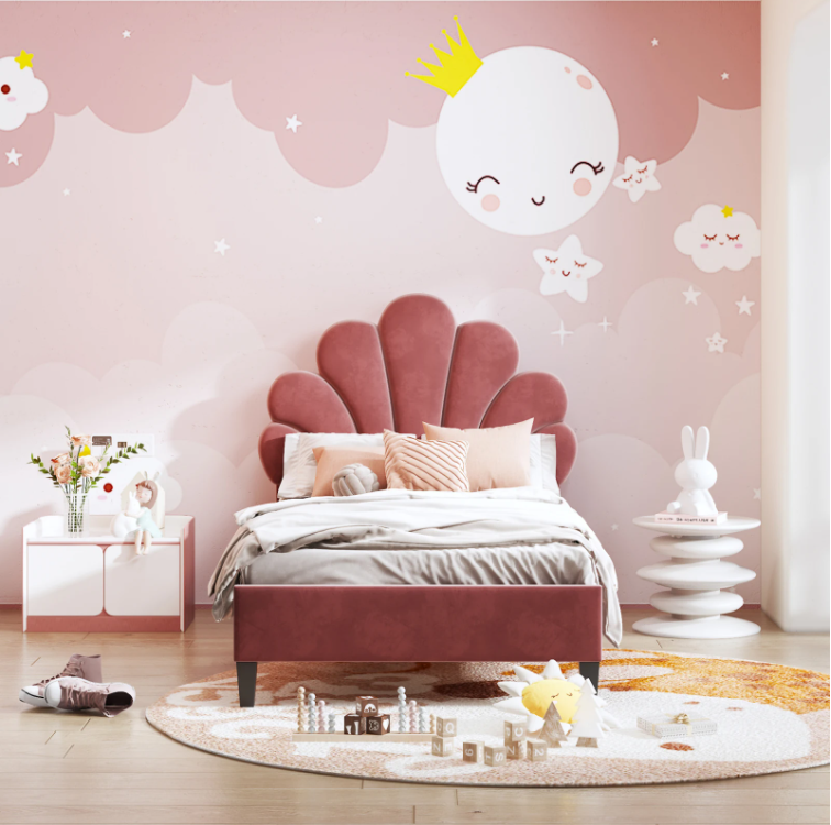 Kinderbed 90x200 cm – Gestoffeerd Eenpersoonsbed met Bloemenhoofdeinde en Lattenbodem