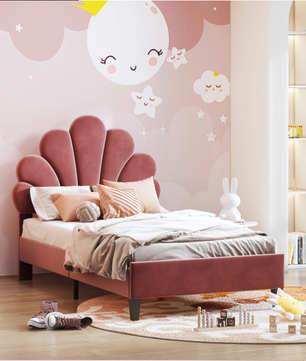 Kinderbed 90x200 cm – Gestoffeerd Eenpersoonsbed met Bloemenhoofdeinde en Lattenbodem