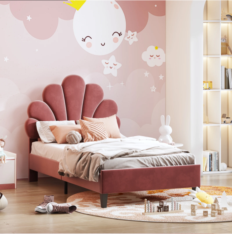 Kinderbed 90x200 cm – Gestoffeerd Eenpersoonsbed met Bloemenhoofdeinde en Lattenbodem