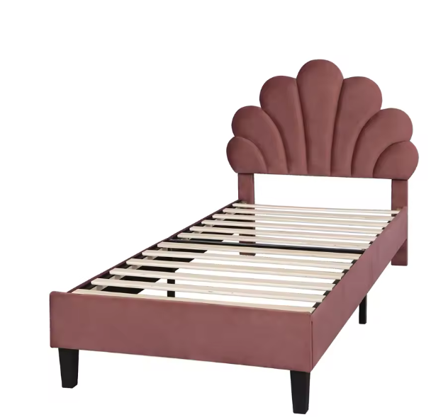 Kinderbed 90x200 cm – Gestoffeerd Eenpersoonsbed met Bloemenhoofdeinde en Lattenbodem
