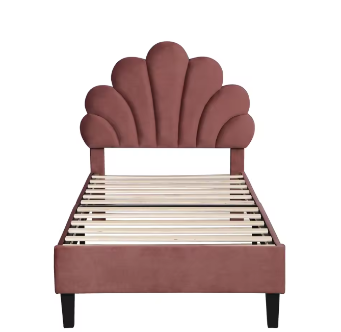 Kinderbed 90x200 cm – Gestoffeerd Eenpersoonsbed met Bloemenhoofdeinde en Lattenbodem