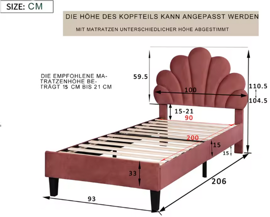 Kinderbed 90x200 cm – Gestoffeerd Eenpersoonsbed met Bloemenhoofdeinde en Lattenbodem