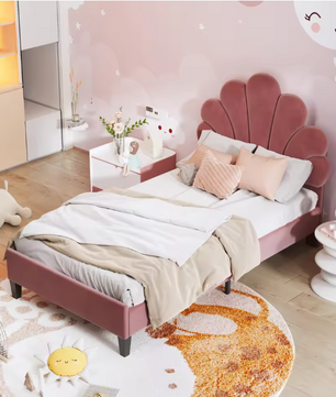 Kinderbed 90x200 cm – Gestoffeerd Eenpersoonsbed met Bloemenhoofdeinde en Lattenbodem