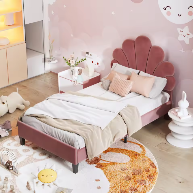 Kinderbed 90x200 cm – Gestoffeerd Eenpersoonsbed met Bloemenhoofdeinde en Lattenbodem