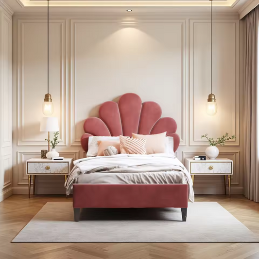 Kinderbed 90x200 cm – Gestoffeerd Eenpersoonsbed met Bloemenhoofdeinde en Lattenbodem