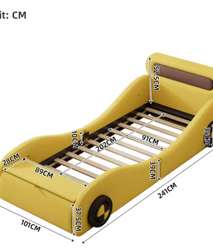 Autovormig Kinderbed 90x200 cm – PU-Gestoffeerd Bed met Lichtgevende Wielen en Opbergruimte