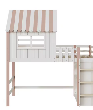 Kinderbed 90x200 cm – Hoog en Laag Huisbed met Dak en Veiligheidsladder