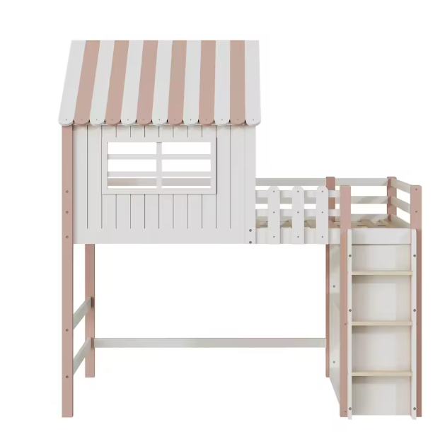 Kinderbed 90x200 cm – Hoog en Laag Huisbed met Dak en Veiligheidsladder