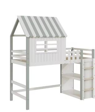 Kinderbed 90x200 cm – Hoog en Laag Huisbed met Dak en Veiligheidsladder