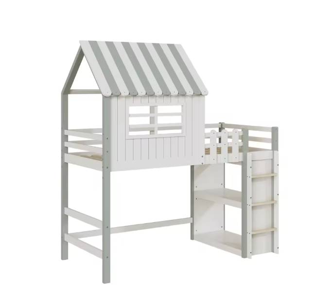 Kinderbed 90x200 cm – Hoog en Laag Huisbed met Dak en Veiligheidsladder