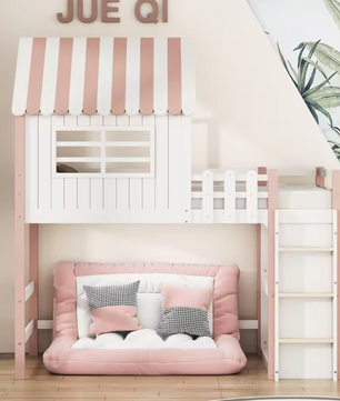 Kinderbed 90x200 cm – Hoog en Laag Huisbed met Dak en Veiligheidsladder