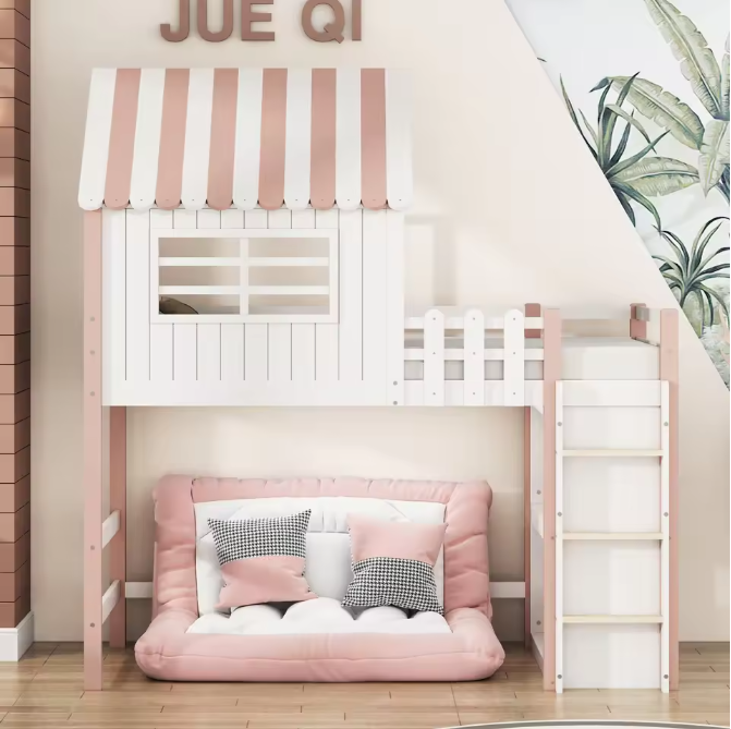 Kinderbed 90x200 cm – Hoog en Laag Huisbed met Dak en Veiligheidsladder