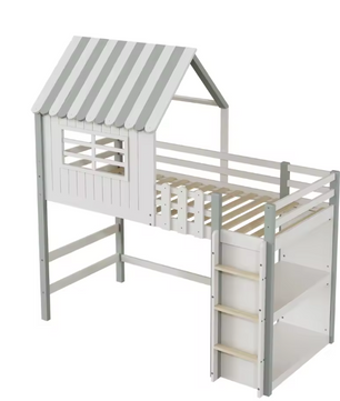 Kinderbed 90x200 cm – Hoog en Laag Huisbed met Dak en Veiligheidsladder