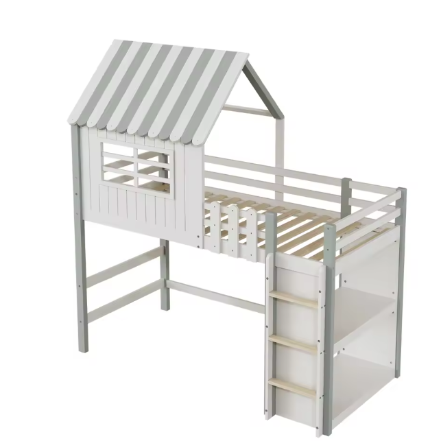 Kinderbed 90x200 cm – Hoog en Laag Huisbed met Dak en Veiligheidsladder