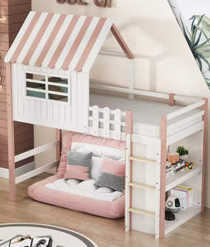 Kinderbed 90x200 cm – Hoog en Laag Huisbed met Dak en Veiligheidsladder
