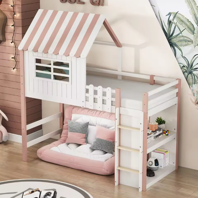 Kinderbed 90x200 cm – Hoog en Laag Huisbed met Dak en Veiligheidsladder