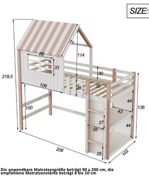 Kinderbed 90x200 cm – Hoog en Laag Huisbed met Dak en Veiligheidsladder