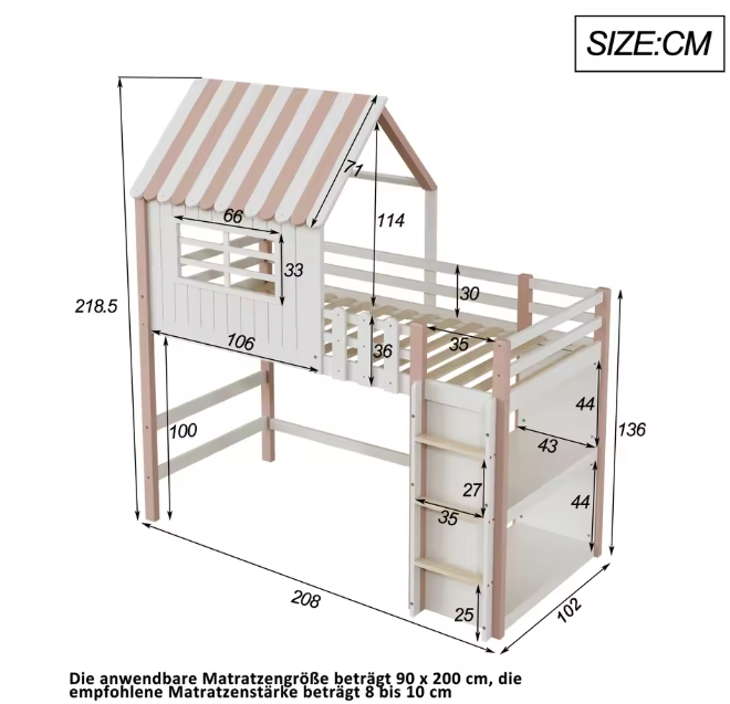 Kinderbed 90x200 cm – Hoog en Laag Huisbed met Dak en Veiligheidsladder