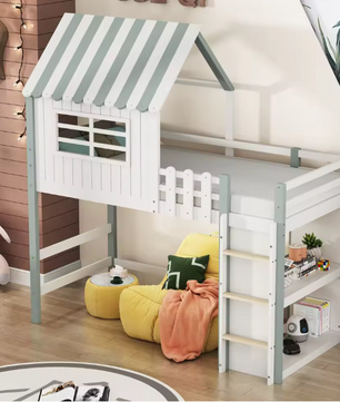 Kinderbed 90x200 cm – Hoog en Laag Huisbed met Dak en Veiligheidsladder