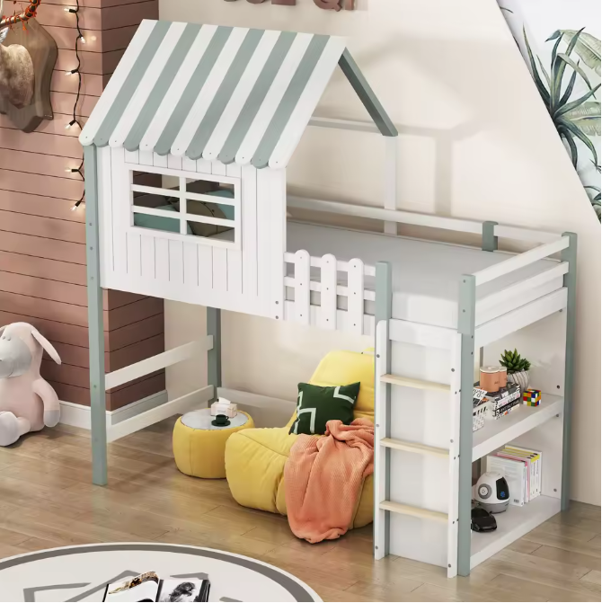 Kinderbed 90x200 cm – Hoog en Laag Huisbed met Dak en Veiligheidsladder