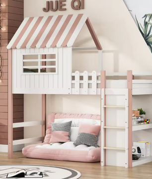 Kinderbed 90x200 cm – Hoog en Laag Huisbed met Dak en Veiligheidsladder
