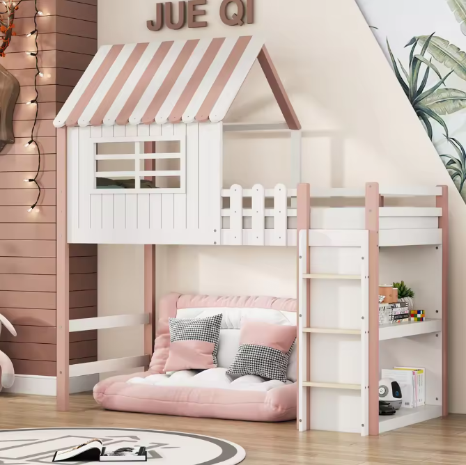 Kinderbed 90x200 cm – Hoog en Laag Huisbed met Dak en Veiligheidsladder
