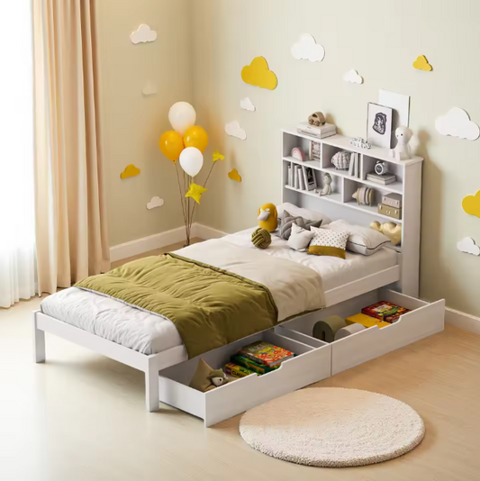 Kinderbed 90x200 cm – Eenpersoonsbed met Lades, Boekenkast en Lattenbodem