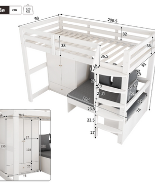 Hoogslaper 90x200 cm – Multifunctioneel Kinderbed met Bank en Kledingkast