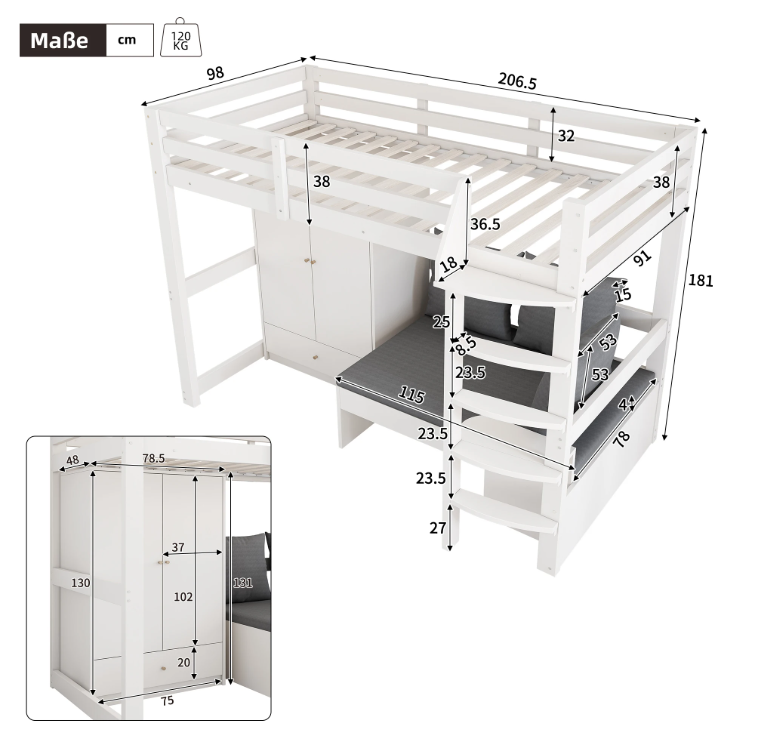 Hoogslaper 90x200 cm – Multifunctioneel Kinderbed met Bank en Kledingkast
