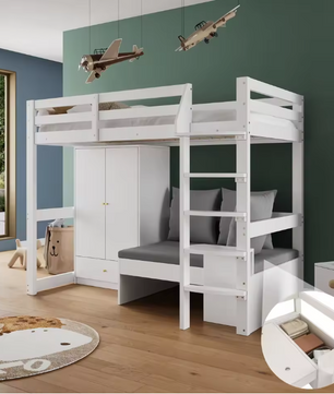 Hoogslaper 90x200 cm – Multifunctioneel Kinderbed met Bank en Kledingkast