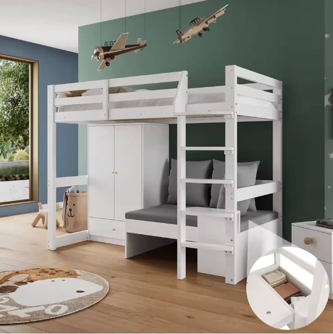 Hoogslaper 90x200 cm – Multifunctioneel Kinderbed met Bank en Kledingkast