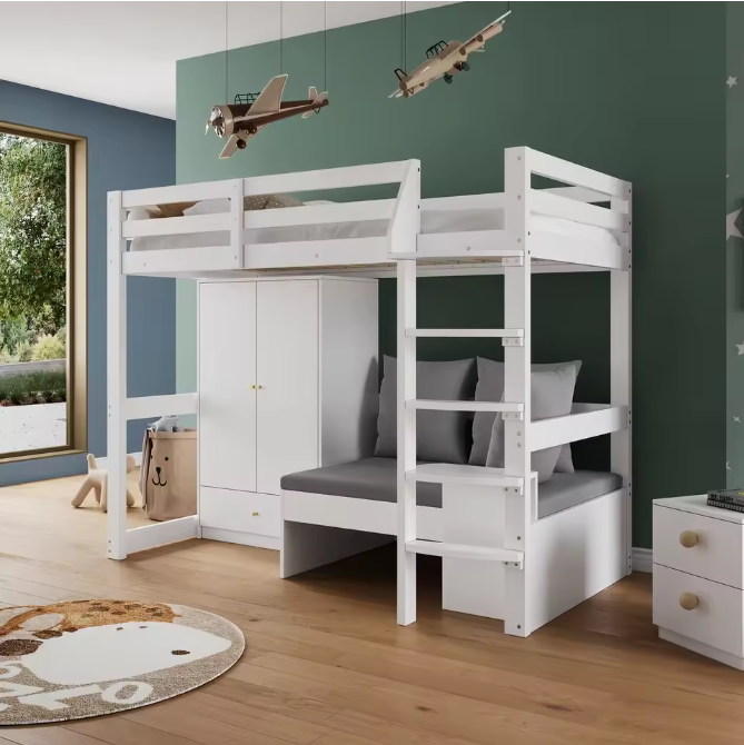Hoogslaper 90x200 cm – Multifunctioneel Kinderbed met Bank en Kledingkast