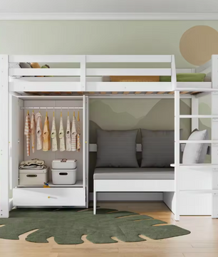 Hoogslaper 90x200 cm – Multifunctioneel Kinderbed met Bank en Kledingkast
