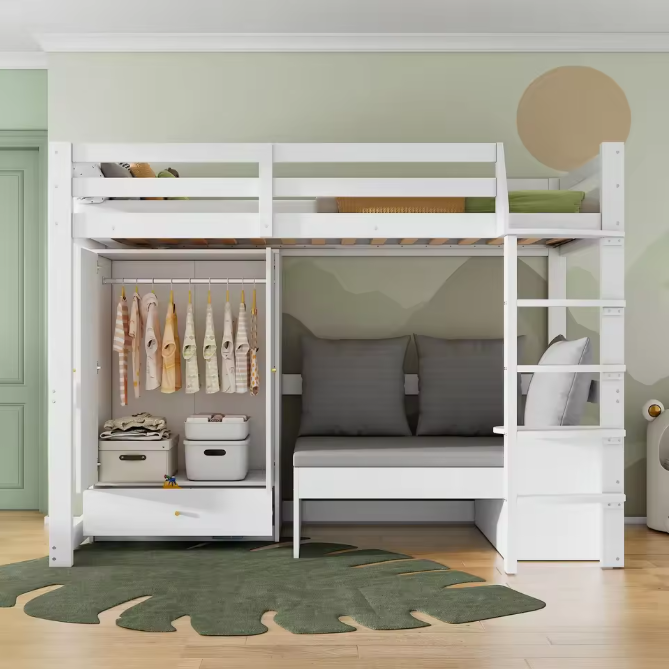 Hoogslaper 90x200 cm – Multifunctioneel Kinderbed met Bank en Kledingkast