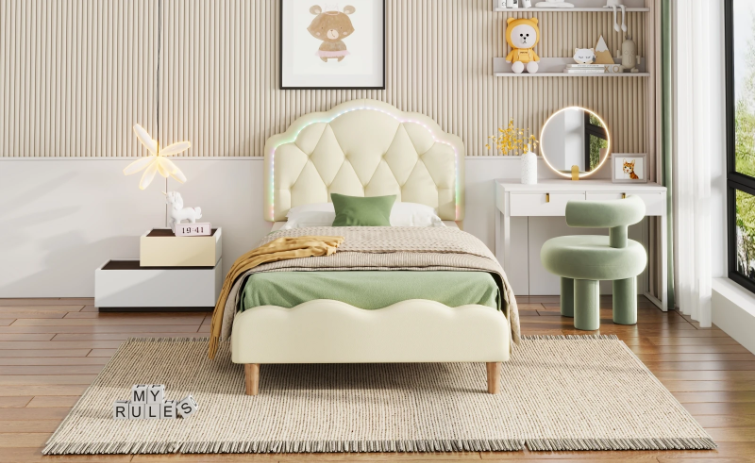 Kinderbed 90x200 cm – Gestoffeerd LED Eenpersoonsbed met Golfhoofdeinde