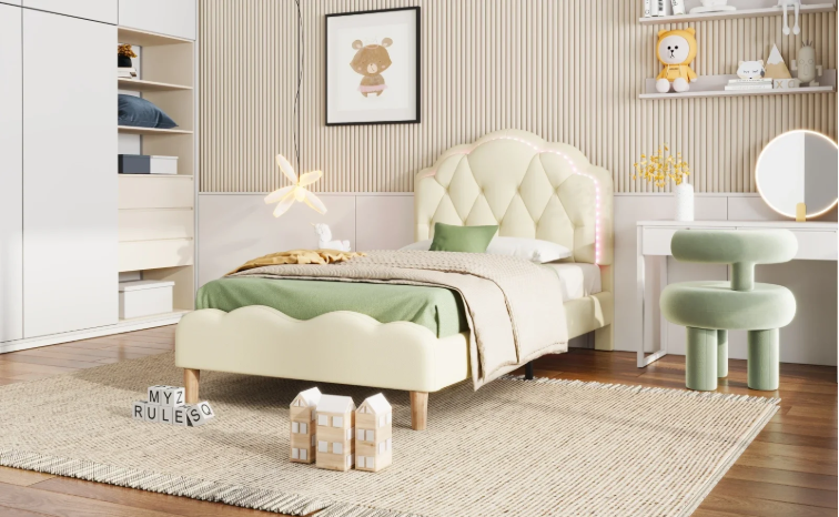 Kinderbed 90x200 cm – Gestoffeerd LED Eenpersoonsbed met Golfhoofdeinde