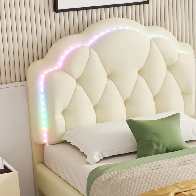 Kinderbed 90x200 cm – Gestoffeerd LED Eenpersoonsbed met Golfhoofdeinde