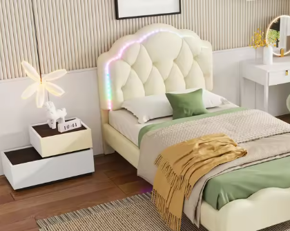 Kinderbed 90x200 cm – Gestoffeerd LED Eenpersoonsbed met Golfhoofdeinde
