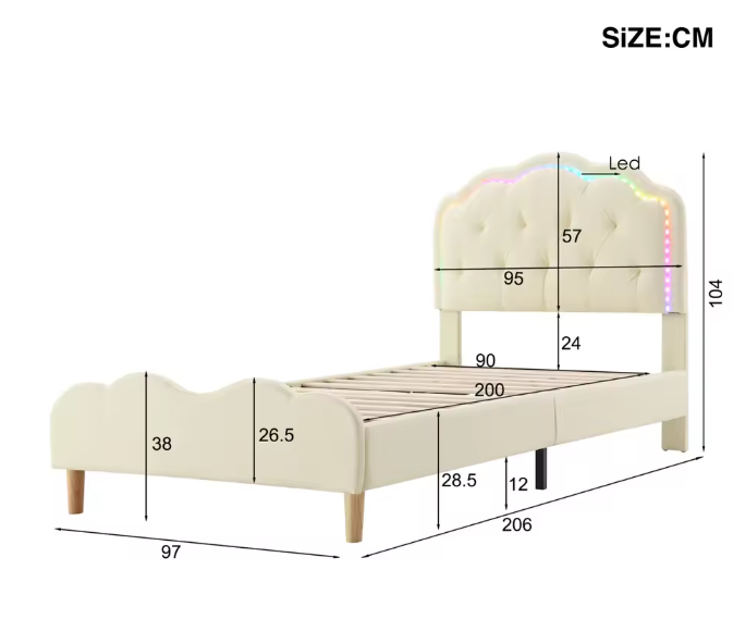 Kinderbed 90x200 cm – Gestoffeerd LED Eenpersoonsbed met Golfhoofdeinde